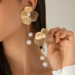 Zareeva Golden Bloom Pearl Drop Earrings